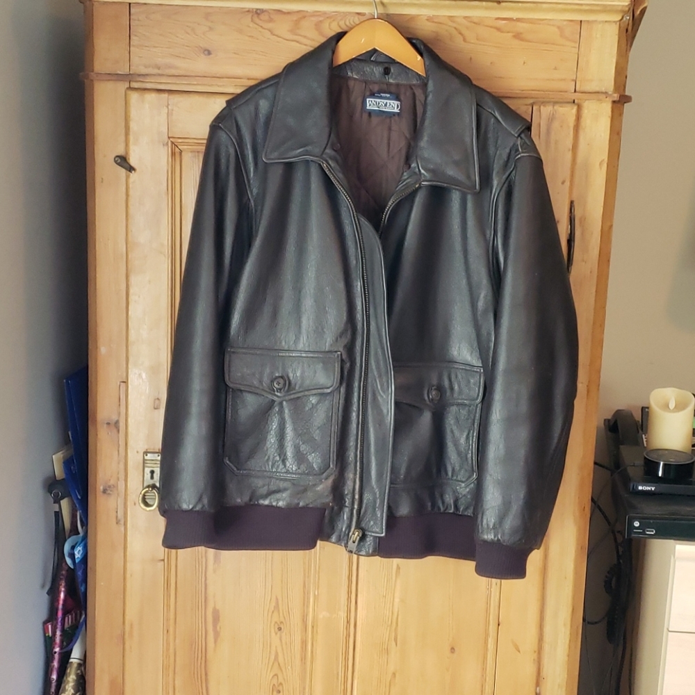 Lands End Men' Brown/Black Leather Bomber Jacket